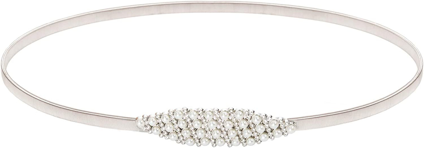 GRACE KARIN Women Skinny Metal Cinch Belt Gold Waistband Elastic Waist Belt CL633 Apparel & Accessories > Clothing Accessories > Belts GRACE KARIN Silver(diamond Pearl) Large