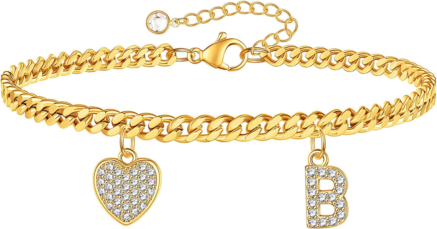 Gold Heart Ankle Bracelets for Women 14K Gold Plated Initial Charm Gold Anklets for Women Cuban Link Chain Heart Anklet Bracelets for Women Apparel & Accessories > Jewelry > Anklets BRIJEWLIC B