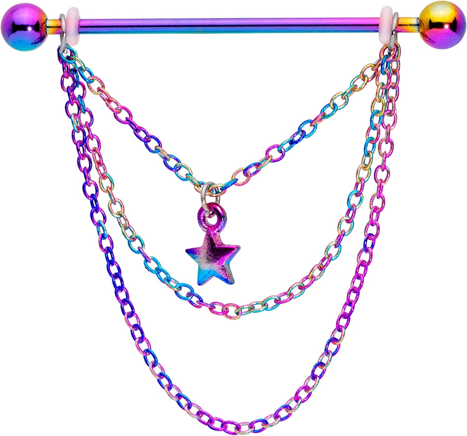 Body Candy Women 14G Rainbow Plated Steel Helix Cartilage Earring Star Chain Dangle Industrial Barbell 38Mm Apparel & Accessories > Jewelry > Body Jewelry Body Candy