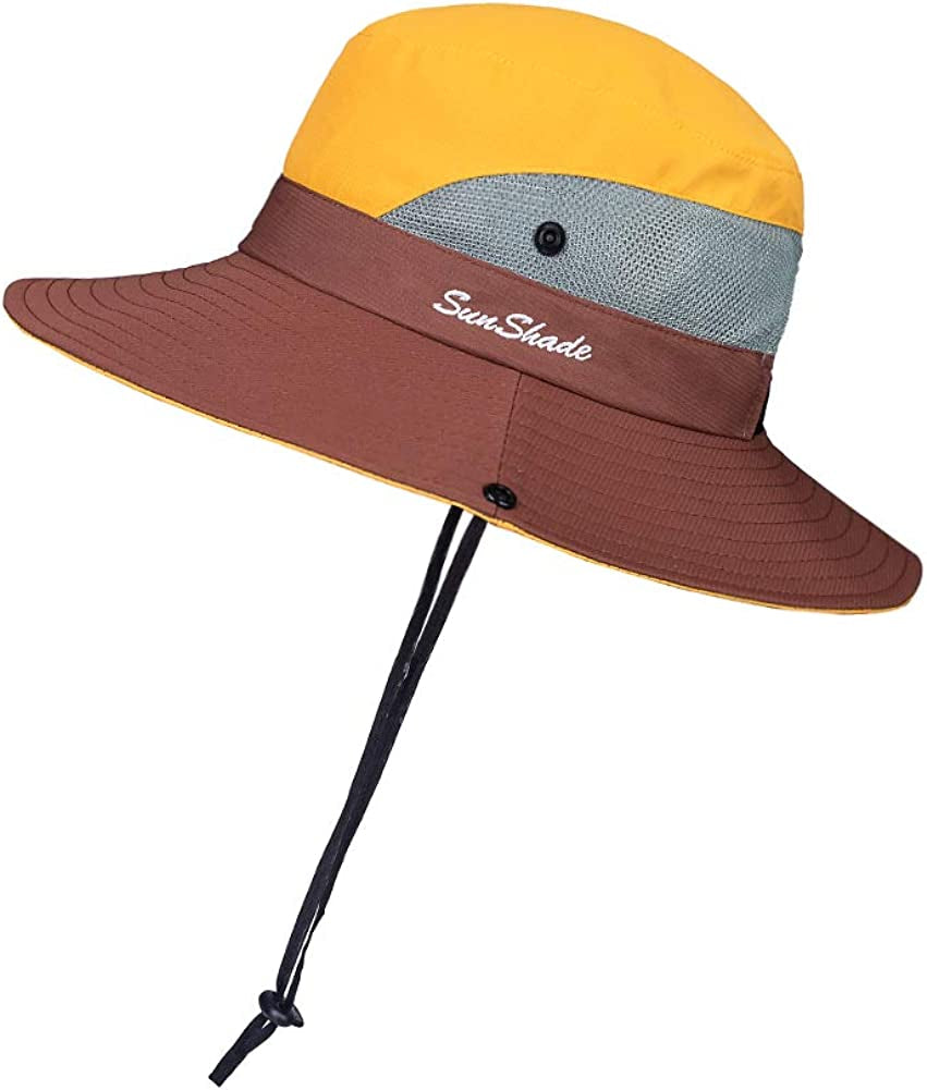 ROYAL MATRIX Womens Ponytail Sun Hats Outdoor Bucket Hat UV Protection Fishing Hats Wide Brim Windproof Foldable Beach Hat Apparel & Accessories > Clothing Accessories > Hats ROYAL MATRIX Yellow