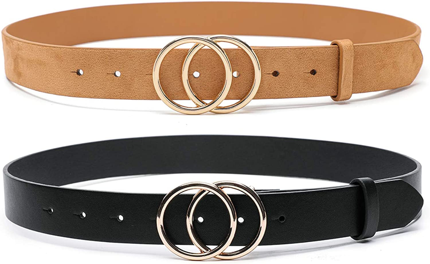 MORELESS 3 Pack Women'S Faux Leather Belts for Jeans Dress Pants, Fashion Waist Belts with Double O-Ring Buckle Apparel & Accessories > Clothing Accessories > Belts MORELESS Black+khaki Suit waistline 27"-30"