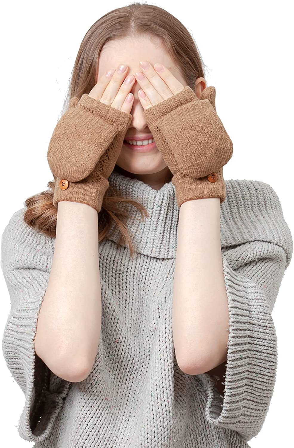 BYOS Women'S Winter Cozy Diamond Pattern Fleece Lined Flip Top Convertible Knit Gloves Mittens Apparel & Accessories > Clothing Accessories > Gloves & Mittens Be Your Own Style Camel