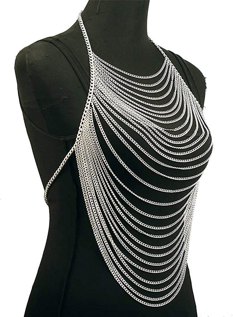 CHRAN Full Body Chain Jewelry for Women Sexy Costume Multilay Silver Metal Chain Harness Apparel & Accessories > Jewelry > Body Jewelry CHRAN