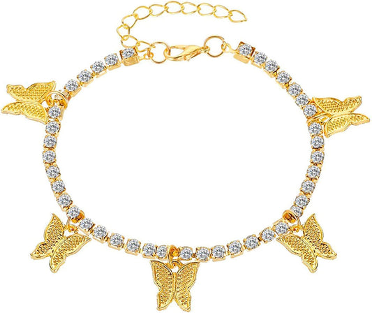 Dainty Zircon Tennis Anklet Bracelets Cute Butterfly Charm Anklets Adjustable Stackable Boho Anklet for Teen Girls Mom Beach Jewelry Birthday (Gold, One Size) Apparel & Accessories > Jewelry > Anklets Generic Black,Silver One Size
