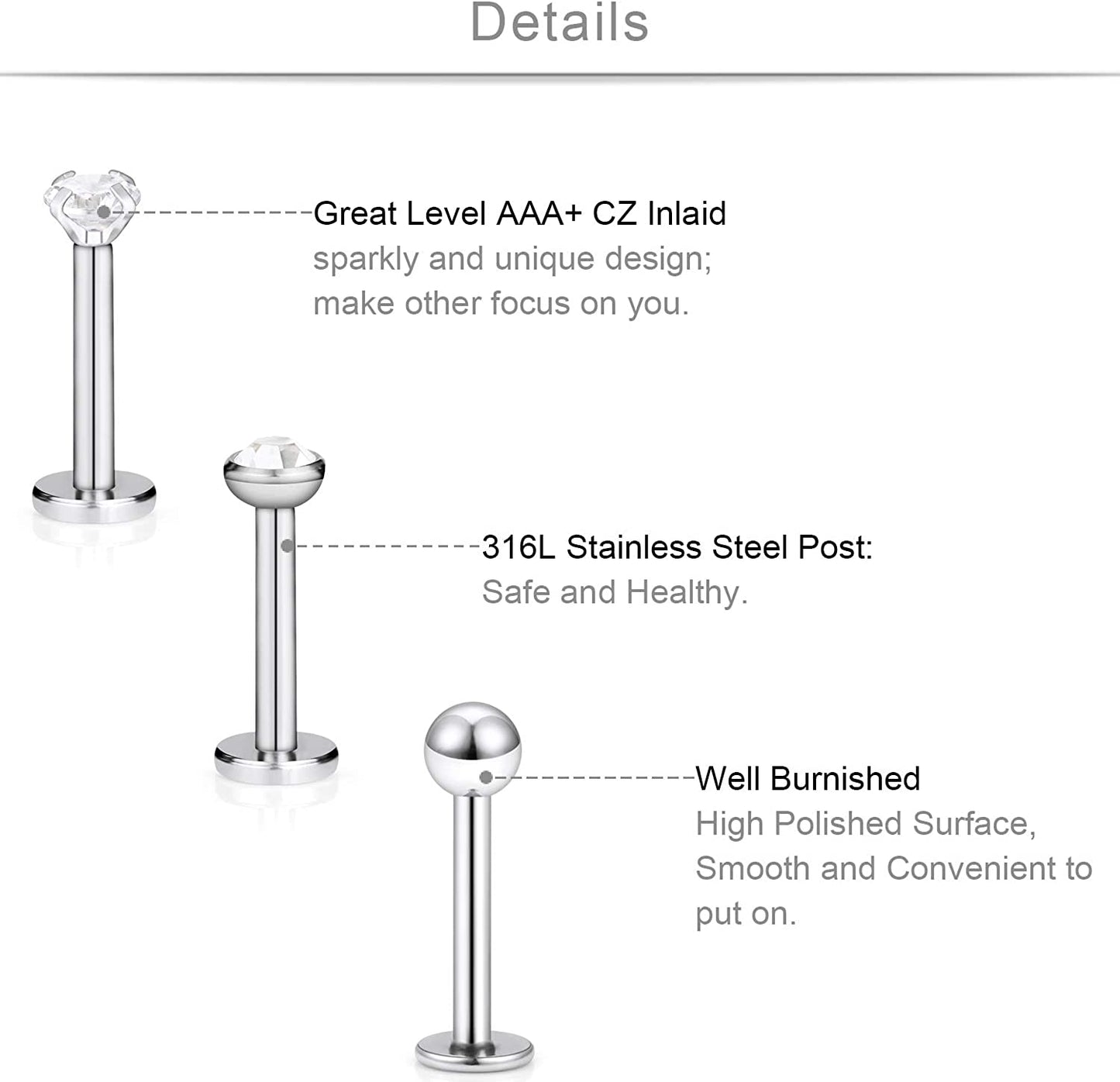 SCERRING 18PCS 16G Stainless Steel Clear Cubic Zirconia Labret Monroe Lip Tragus Cartilage Helix Earring Ring Body Piercing Jewelry 6Mm 8Mm 10Mm Apparel & Accessories > Jewelry > Body Jewelry SCERRING