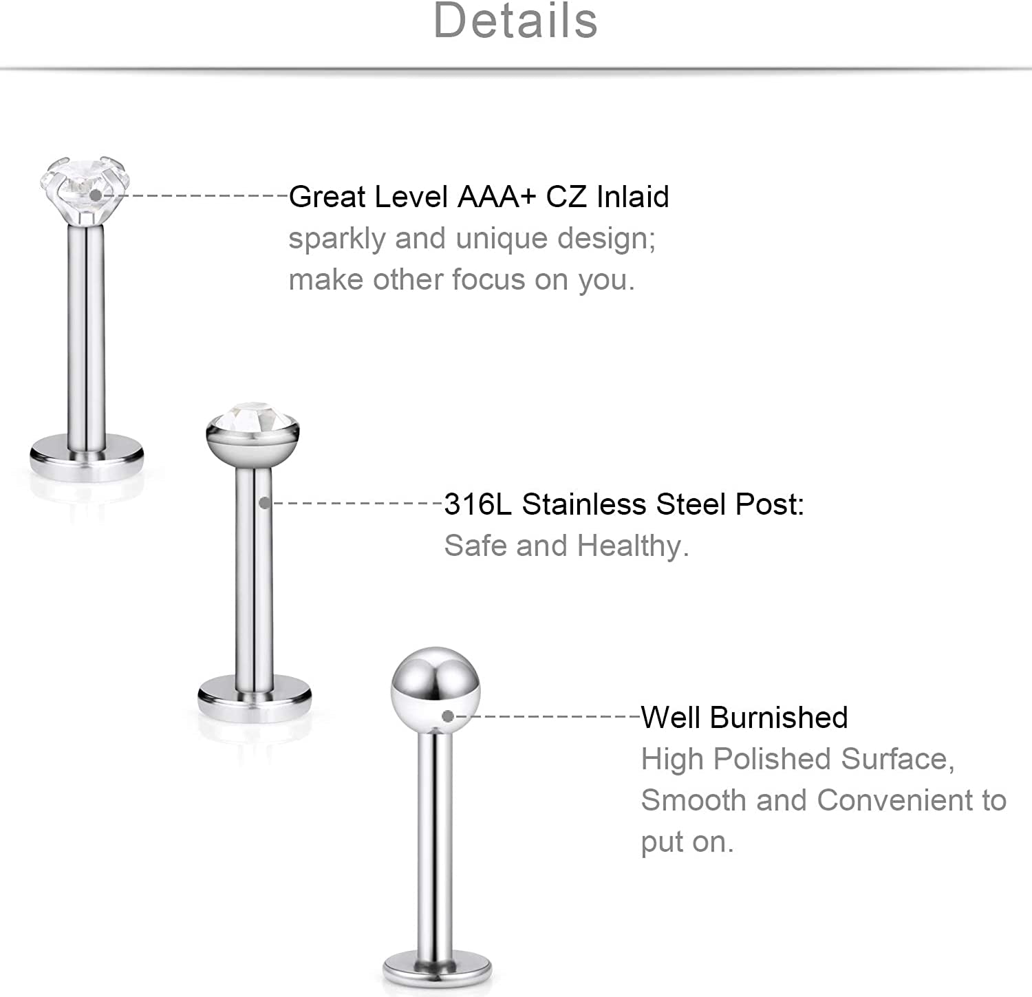 SCERRING 18PCS 16G Stainless Steel Clear Cubic Zirconia Labret Monroe Lip Tragus Cartilage Helix Earring Ring Body Piercing Jewelry 6Mm 8Mm 10Mm Apparel & Accessories > Jewelry > Body Jewelry SCERRING