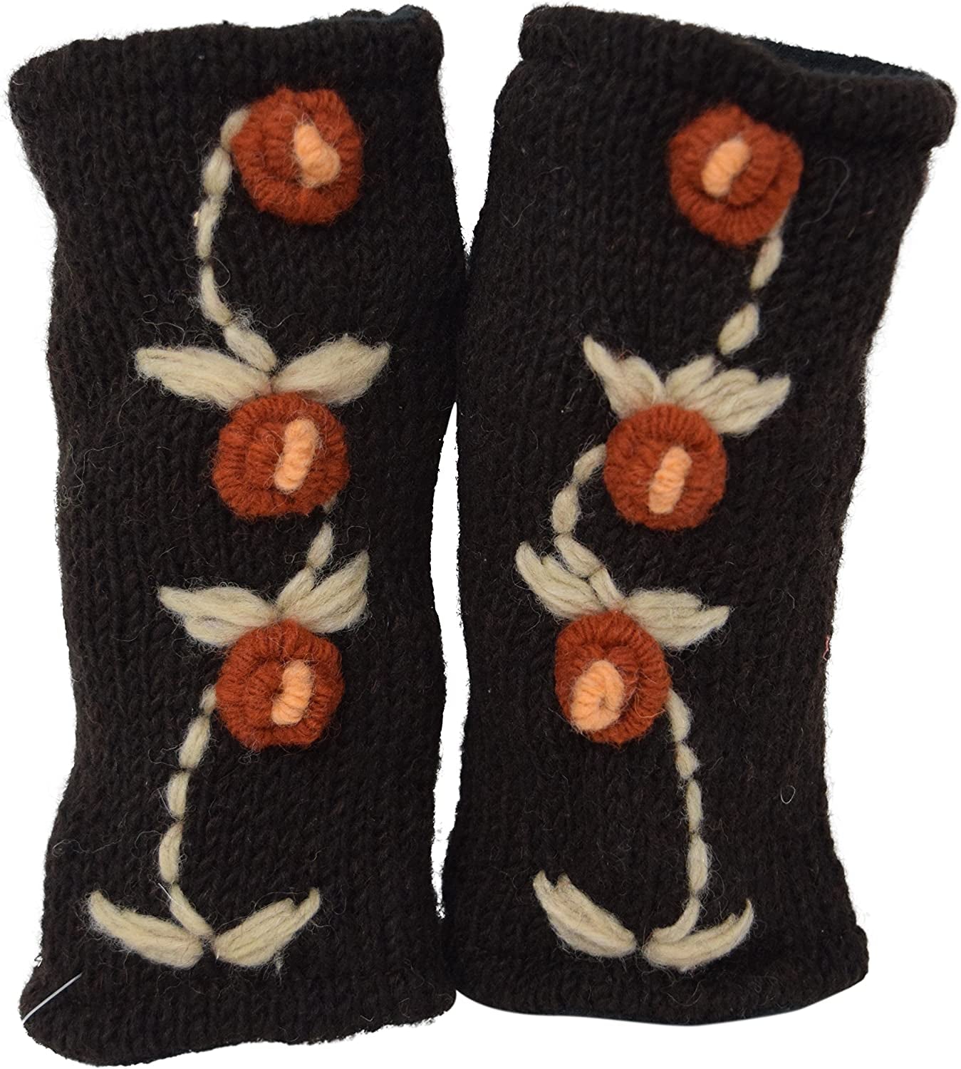 Floral Insulated Lined Wool Knit Arm Warmer Texting Fingerless Gloves Thumb Hole Hand Mittens Apparel & Accessories > Clothing Accessories > Gloves & Mittens Nickanny's Brown / Orange