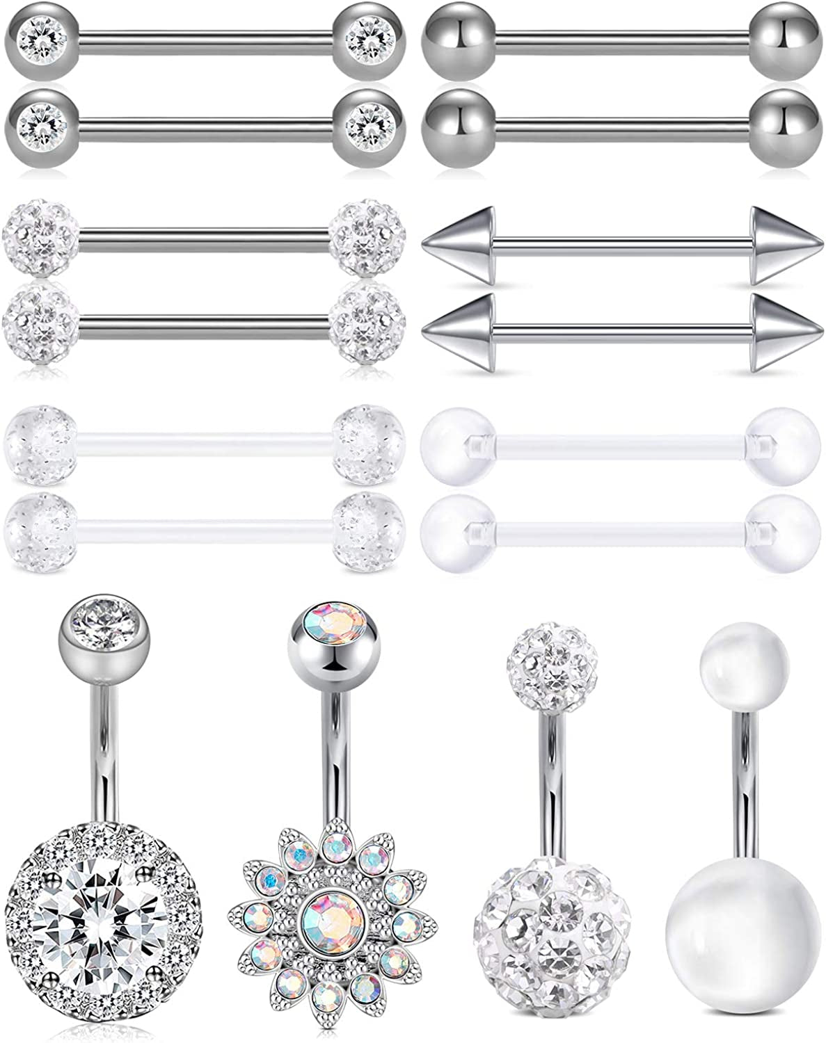 LAURITAMI Nipple Rings for Women Nipple Piercing Jewelry 14G Nipple Rings Surgical Steel Nipple Jewelry Straight Barbell Tongue Rings for Women CZ Nipplering Piercing Jewelry Set Apparel & Accessories > Jewelry > Body Jewelry LAURITAMI J -tongue + belly