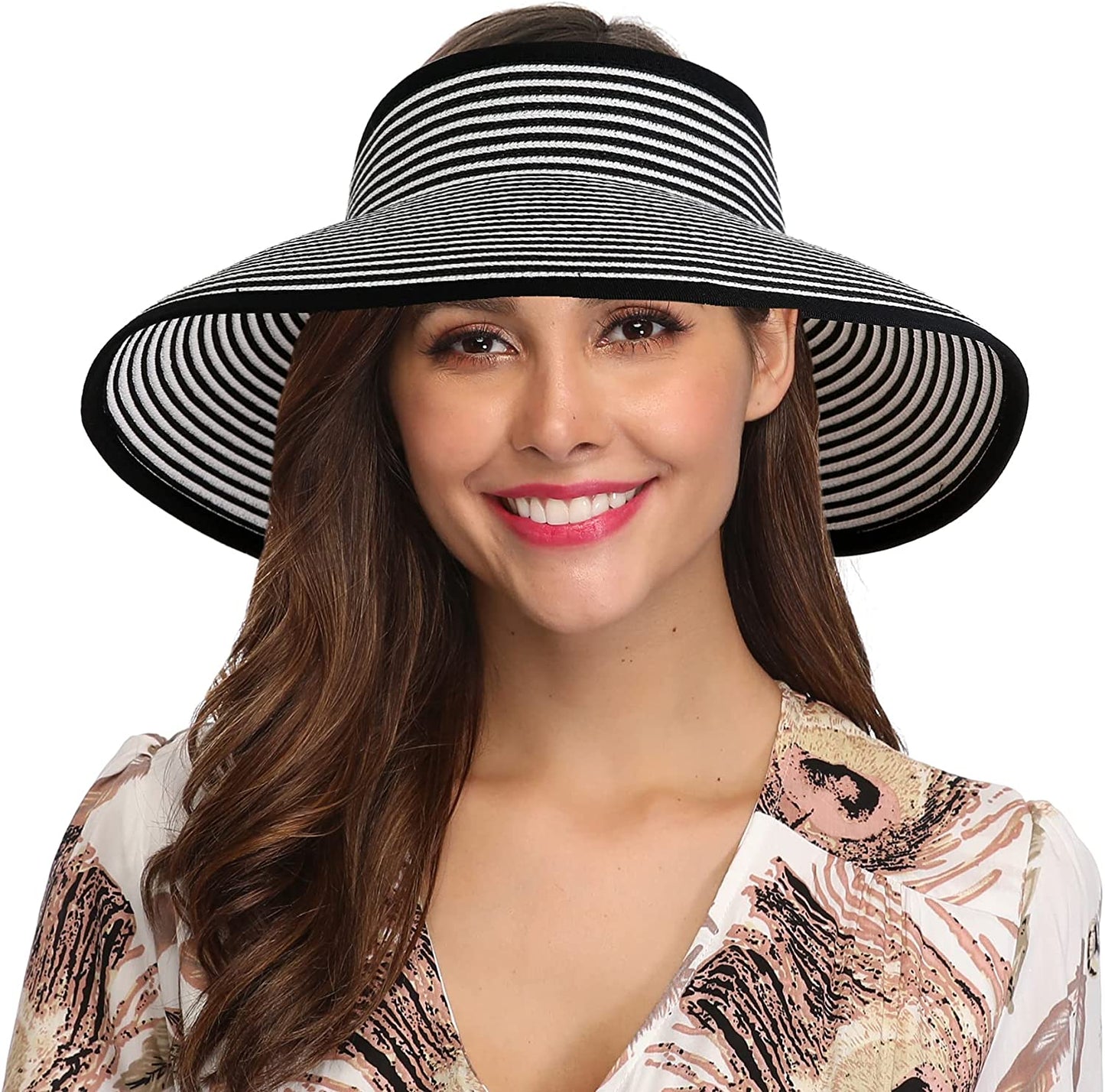 Lanzom Women Packable Hat Sun Visor Hats Wide Brim Straw Roll up Ponytail Summer Beach Hat UPF 50 Apparel & Accessories > Clothing Accessories > Hats Lanzom Black White Stripe One Size
