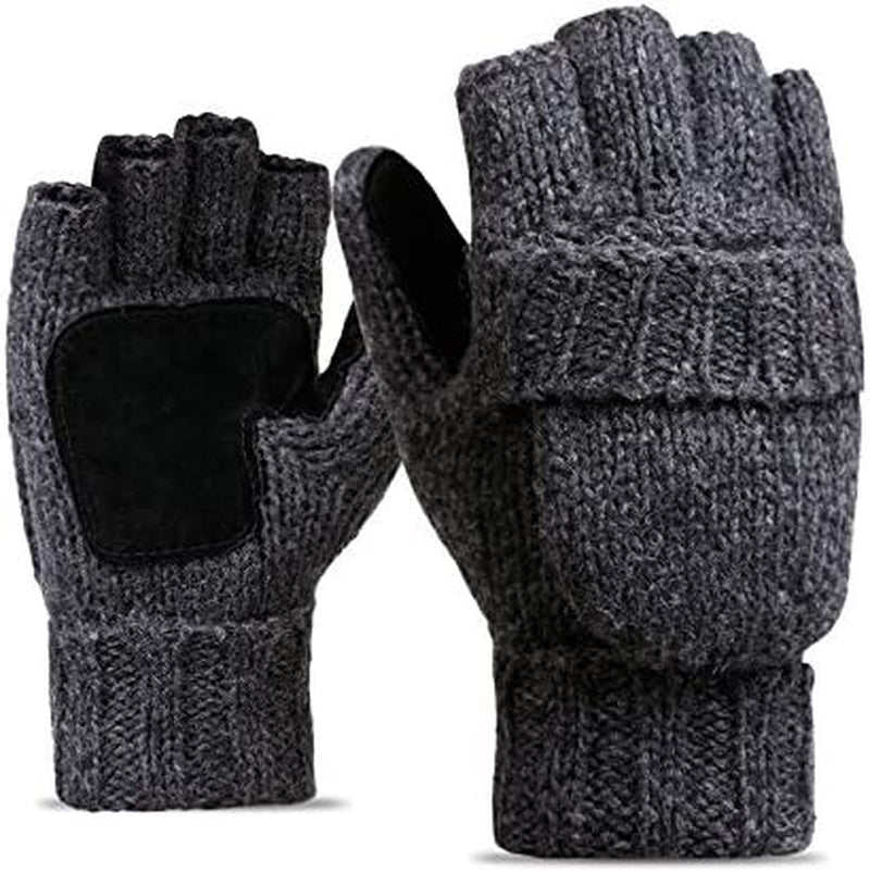 BOUYA Unisex Knitted Convertible Fingerless Gloves Thermal Insulation Wool Mittens Flap Cover Half-Finger Warm Mitten Glove Apparel & Accessories > Clothing Accessories > Gloves & Mittens ノーブランド品 Dark Gray