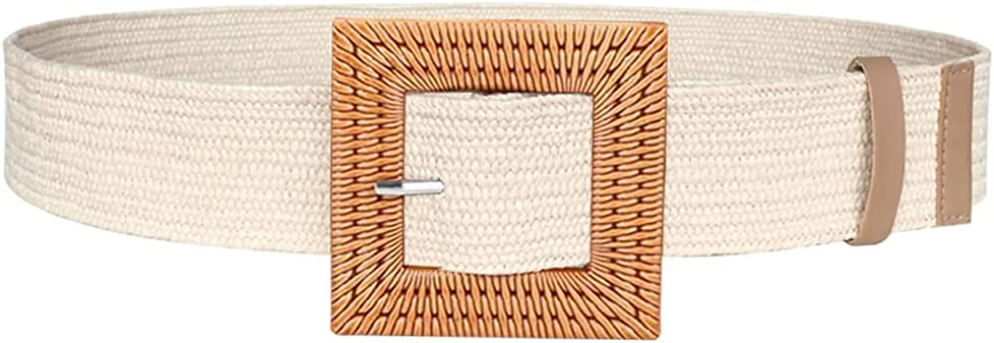 Women Skinny Dress Belt, Fashion Straw Woven Elastic Stretch Waist Band Wood Buckle Belt Apparel & Accessories > Clothing Accessories > Belts YUCFOREN Sand Waist below 45"