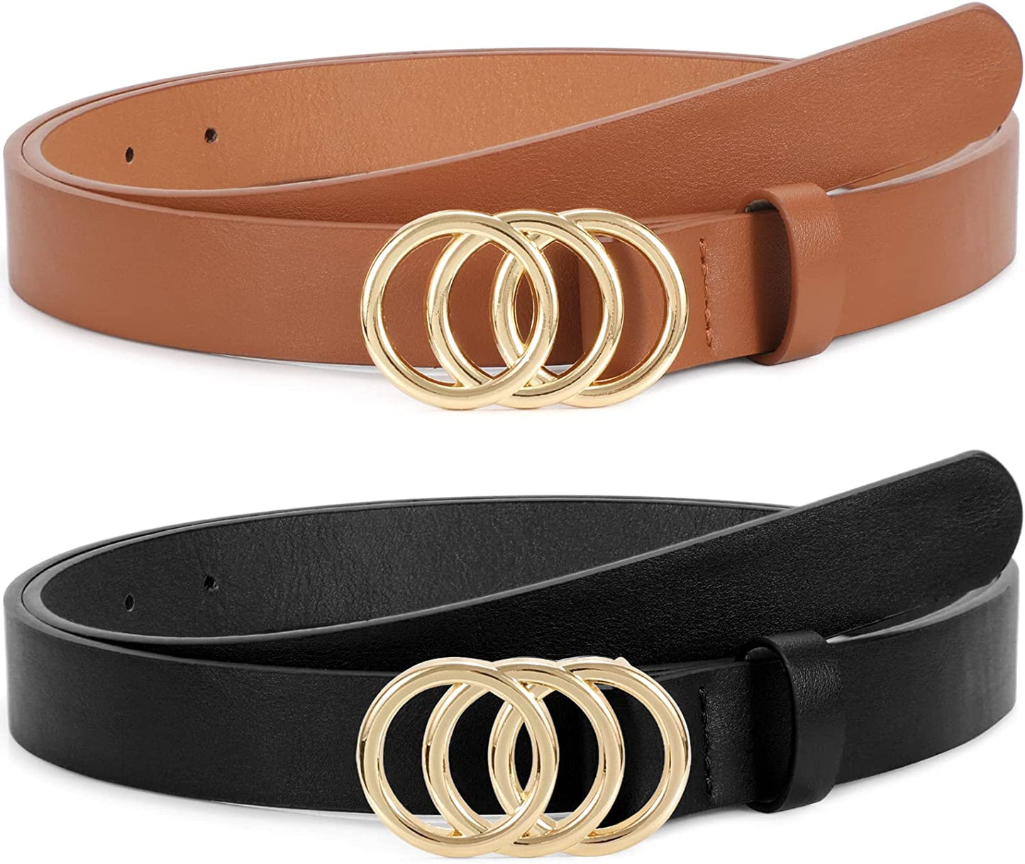 Double Ring Leather Belts for Women SANSTHS O-Style Gold Buckle Skinny Dress Belt 0.86 Inch Width for Jeans Pants Apparel & Accessories > Clothing Accessories > Belts SANSTHS E-gold Buckle Black + Gold Buckle Brown Fit Pants Size 48-52Inch
