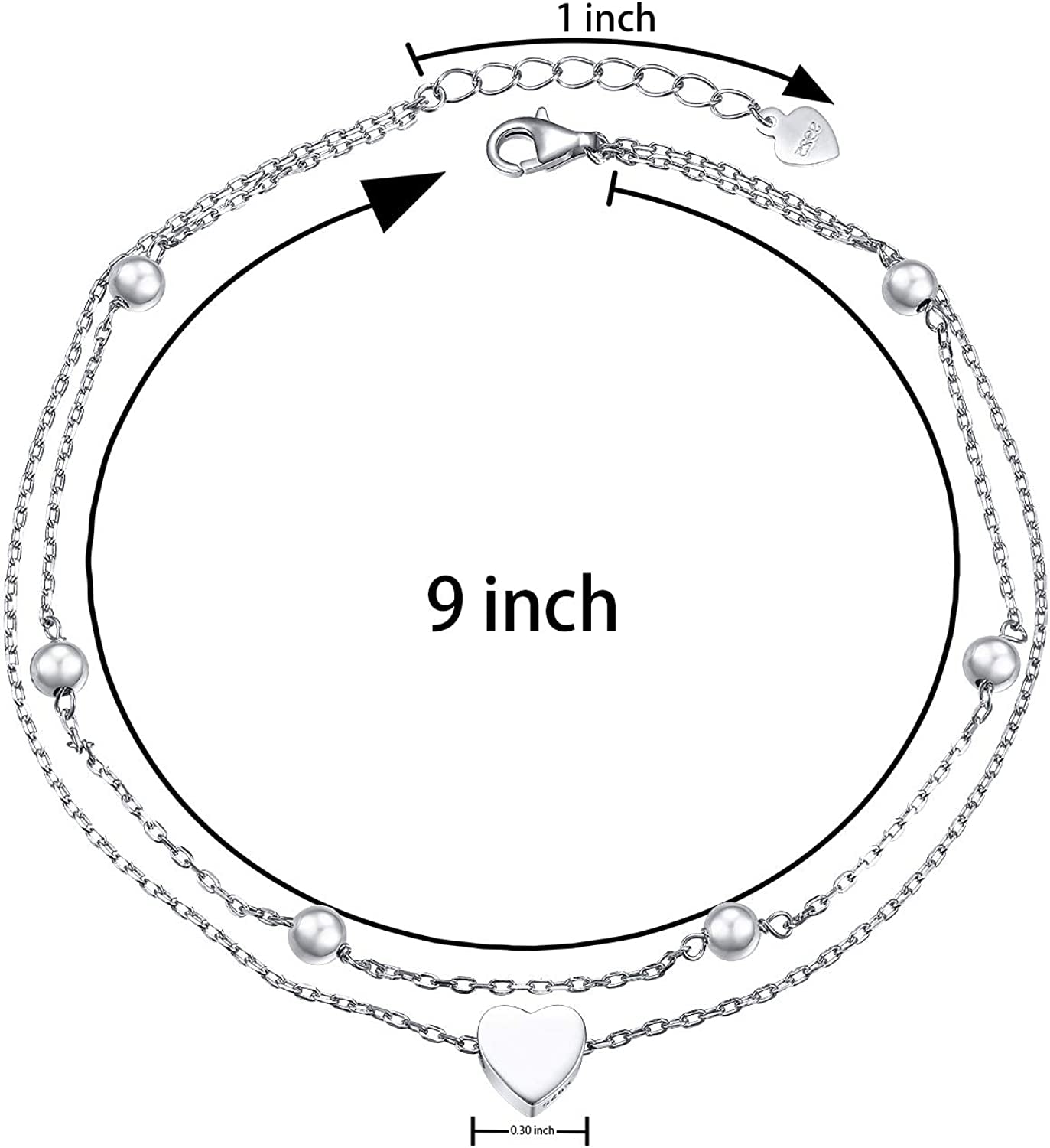 Flyow Anklet for Women S925 Sterling Silver Adjustable Foot Beaded Heart Charm Ankle Bracelet Anklets Jewelry Apparel & Accessories > Jewelry > Anklets FLYOW