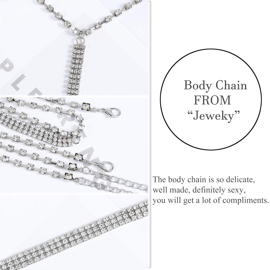 Jeweky Boho Crystal Body Chain Silver Rhinestone Harness Bra Jewelry Beach Bikini Body Jewelry for Women and Girls Apparel & Accessories > Jewelry > Body Jewelry Artist Unknown