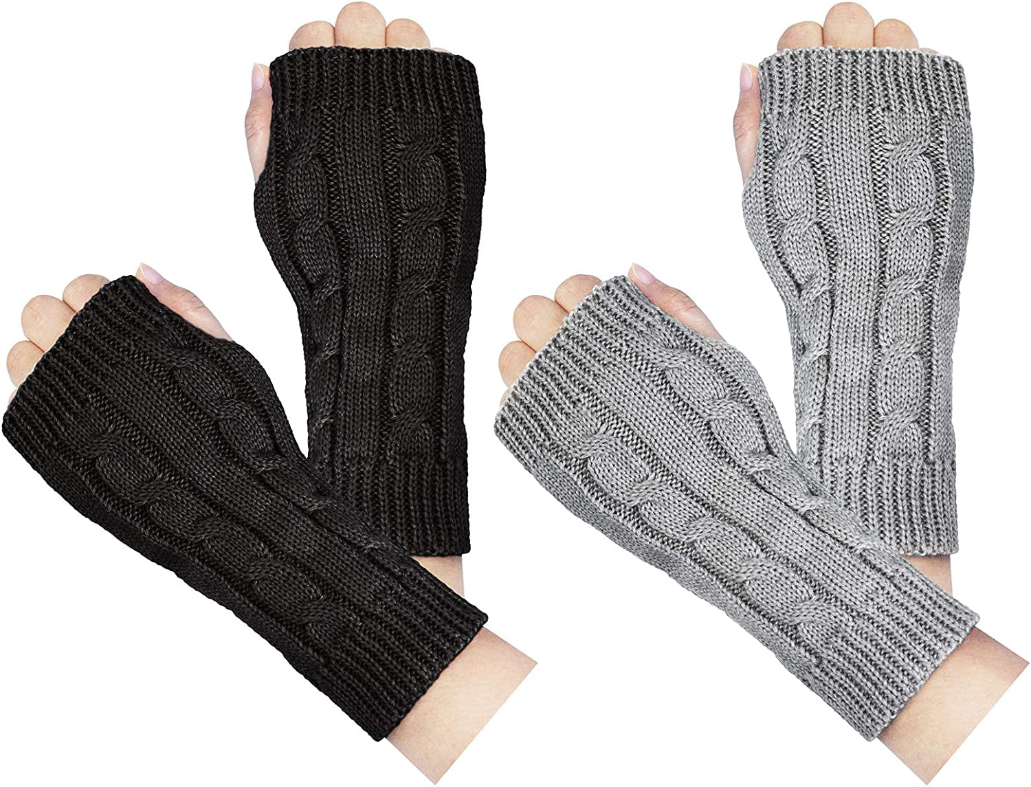 Loritta 2 Pairs Womens Fingerless Gloves Winter Warm Knit Crochet Thumbhole Arm Warmers Apparel & Accessories > Clothing Accessories > Gloves & Mittens Loritta B Black+light Gray(2 Pairs)