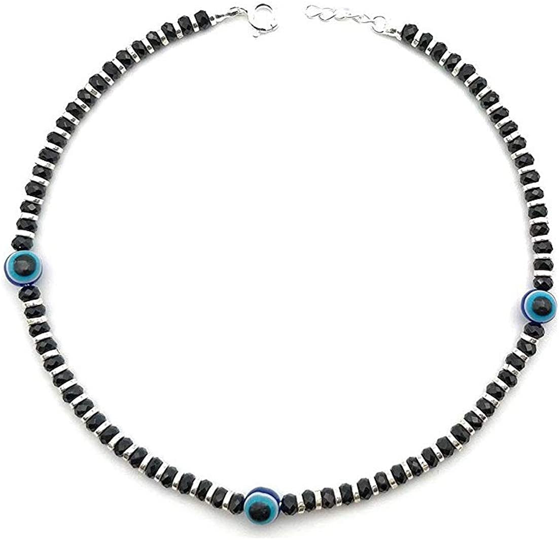 Exclusive Evil Eye Nazariya Payal, Anklet, with Black & Silver Beads, Crystal, in 92.5 Sterling Silver for Girls and Women, One Piece, FREE Apparel & Accessories > Jewelry > Anklets Generic