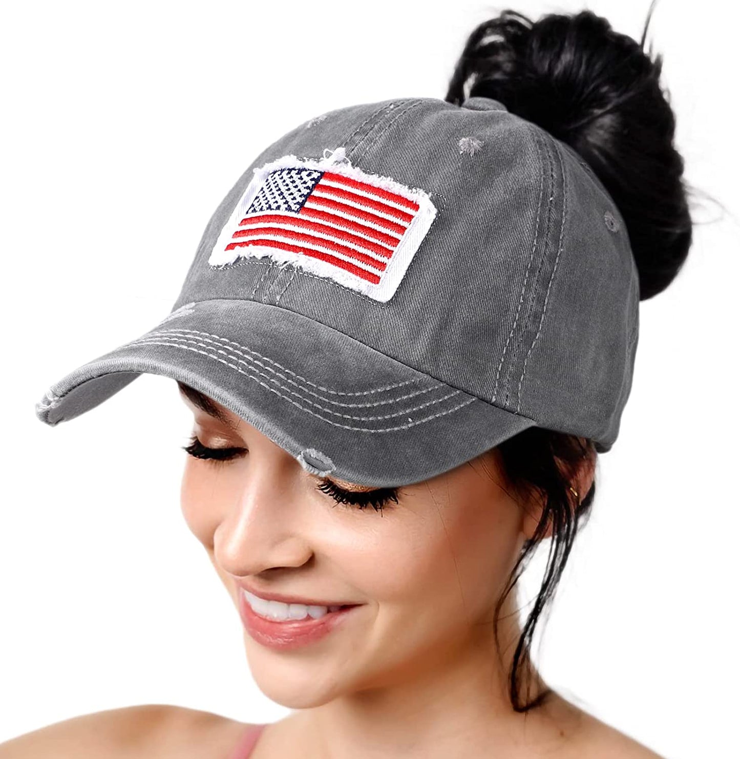 Lvaiz Womens Distressed Baseball Cap Mens Mesh Back Sport Hat Versatile Washed Dad Hat with Ponytail Hole Apparel & Accessories > Clothing Accessories > Hats Lvaiz Flag Grey One Size