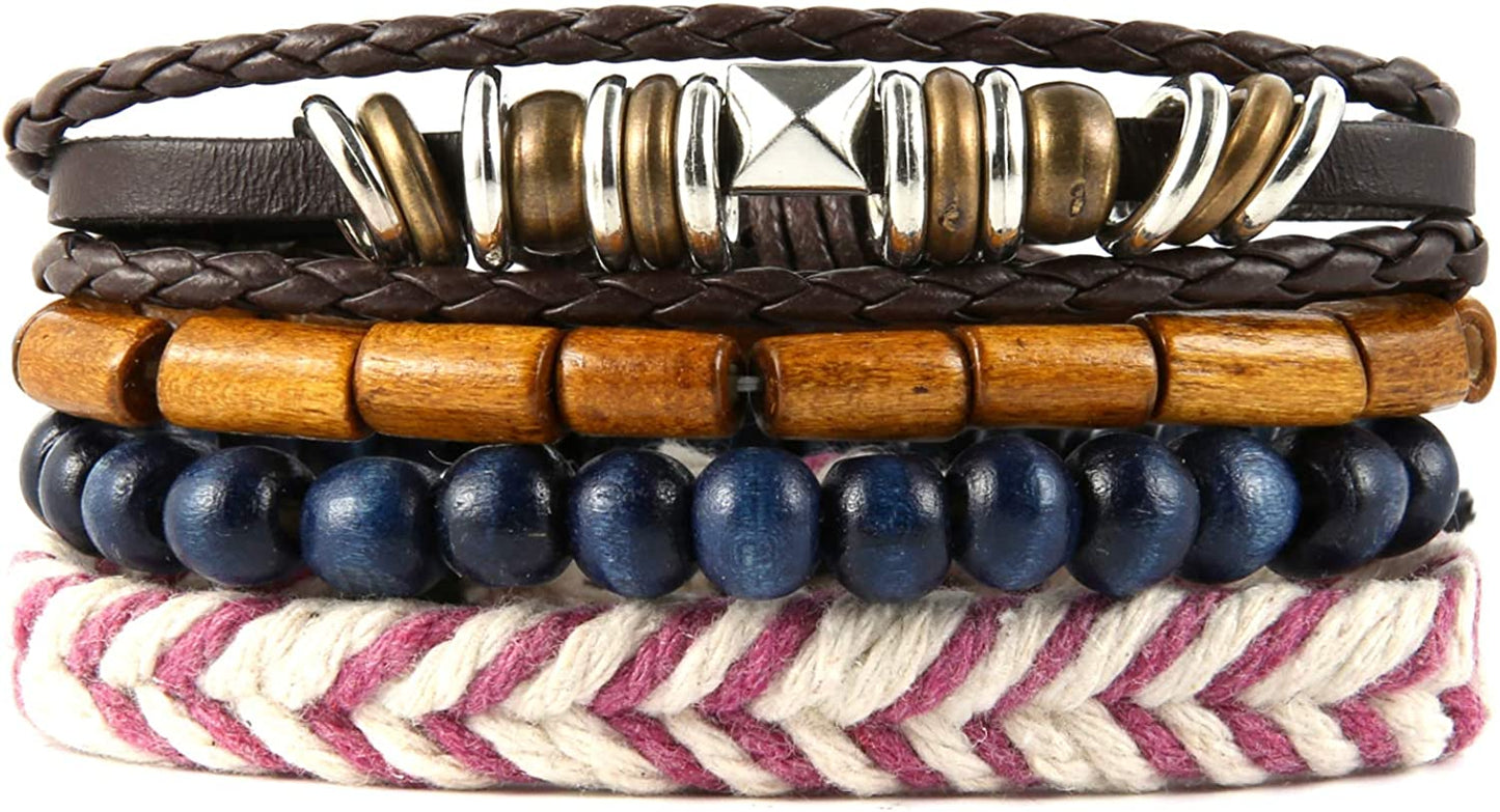 HZMAN Wrap Bracelets Men Women, Hemp Cords Wood Beads Ethnic Tribal Bracelets, Leather Wristbands Apparel & Accessories > Jewelry > Bracelets HZMAN Hand-made 4 MIX