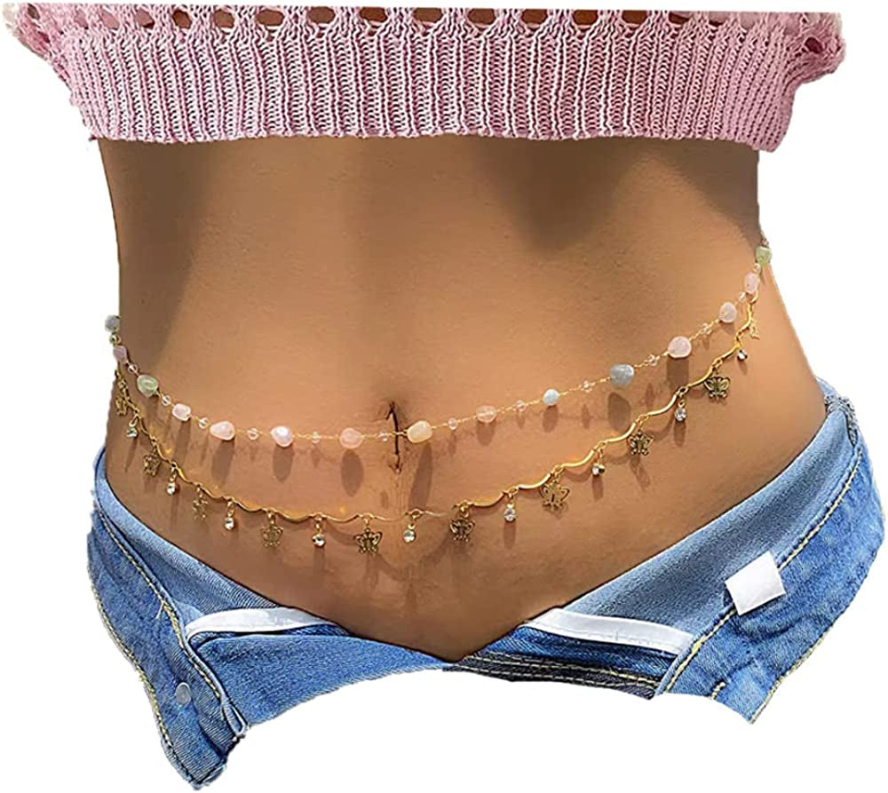 Butterfly Waist Chain with Crystals Gold Sexy Belly Chains Rhinestone Adjustable Beach Bikini Body Chain for Women Girls Stomach Jewelry Chain Summer Beach Bikini Belly Chains Rave Jewelry Gift Apparel & Accessories > Jewelry > Body Jewelry INLOLLY Colorful Butterfly