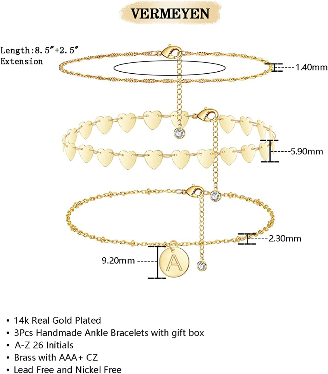 Initial Gold Ankle Bracelets for Women 14K Gold Plated Anklet Heart Chain Anklet Dainty Engraved a to Z Letter Charm Alphabet Satellite Beaded Layered Anklet Set 3Pcs Apparel & Accessories > Jewelry > Anklets Vermeyen