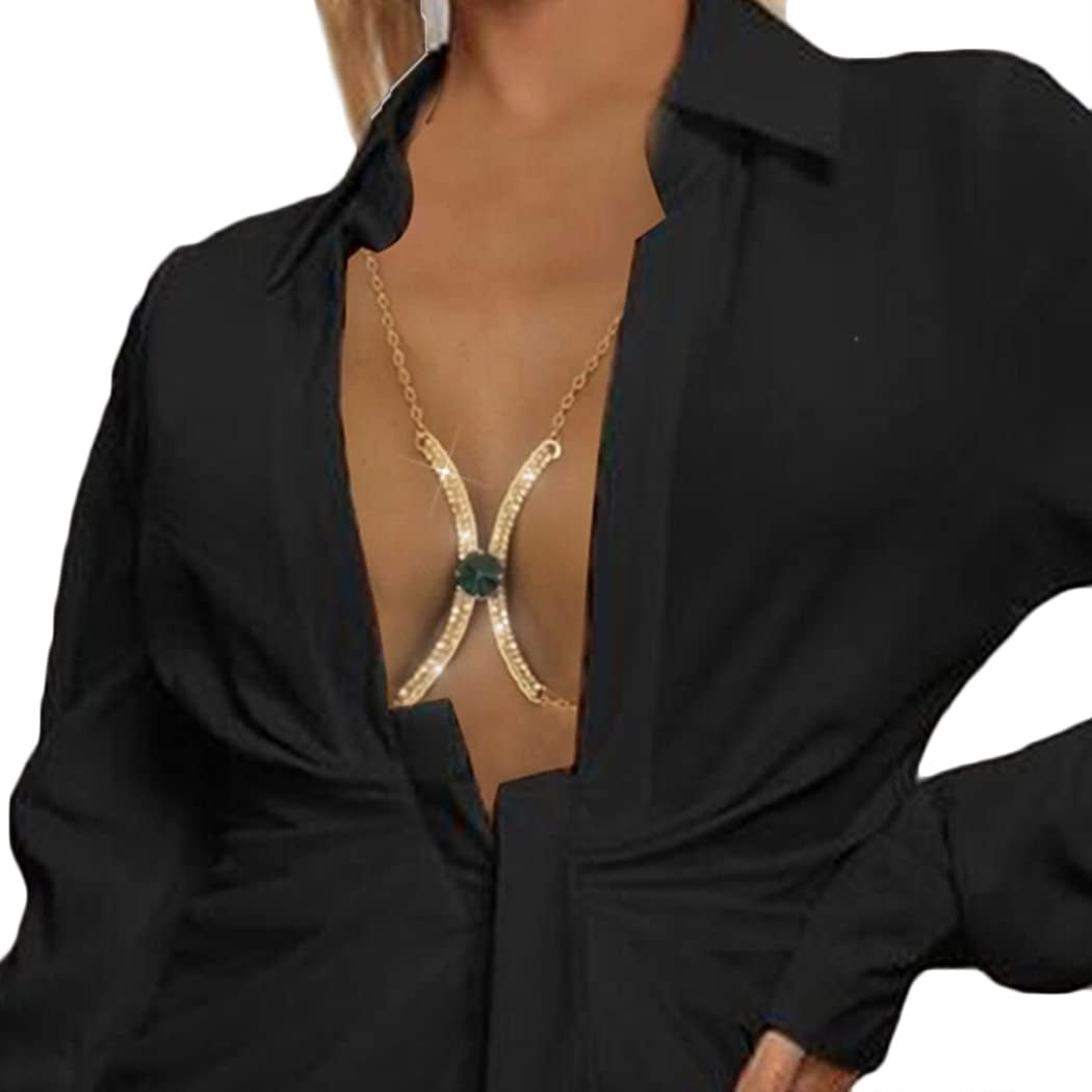 Bodiy Crystal Body Chains Bra Gold Rhinestones Chest Chain Bikini Rave Party Club Body Jewelry Sparkly Accessories for Women and Girls (Gold-3) Apparel & Accessories > Jewelry > Body Jewelry BODIY Gold-1