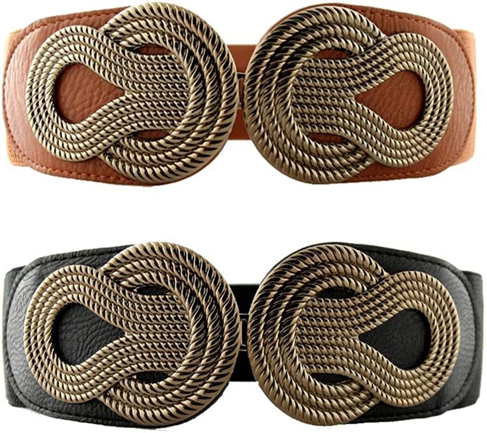 VOCHIC 2Pcs Vintage Basic Stretchy Elastic Wide Waist Belt for Womens Dress Metal Interlock Buckle Apparel & Accessories > Clothing Accessories > Belts VOCHIC Black+brown Small(25"-32")