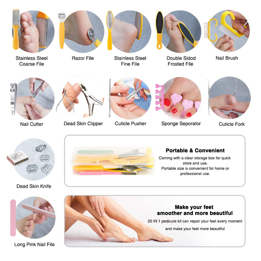 Pedicure Kit for Women, 20 in 1 Foot Care Pedicure Kit Stainless Steel, Foot Files Set with Nail Scrub Double Sided Files Foot Care for Women, Men, Home and Salon Health & Beauty > Personal Care > Foot Care LINCEDY