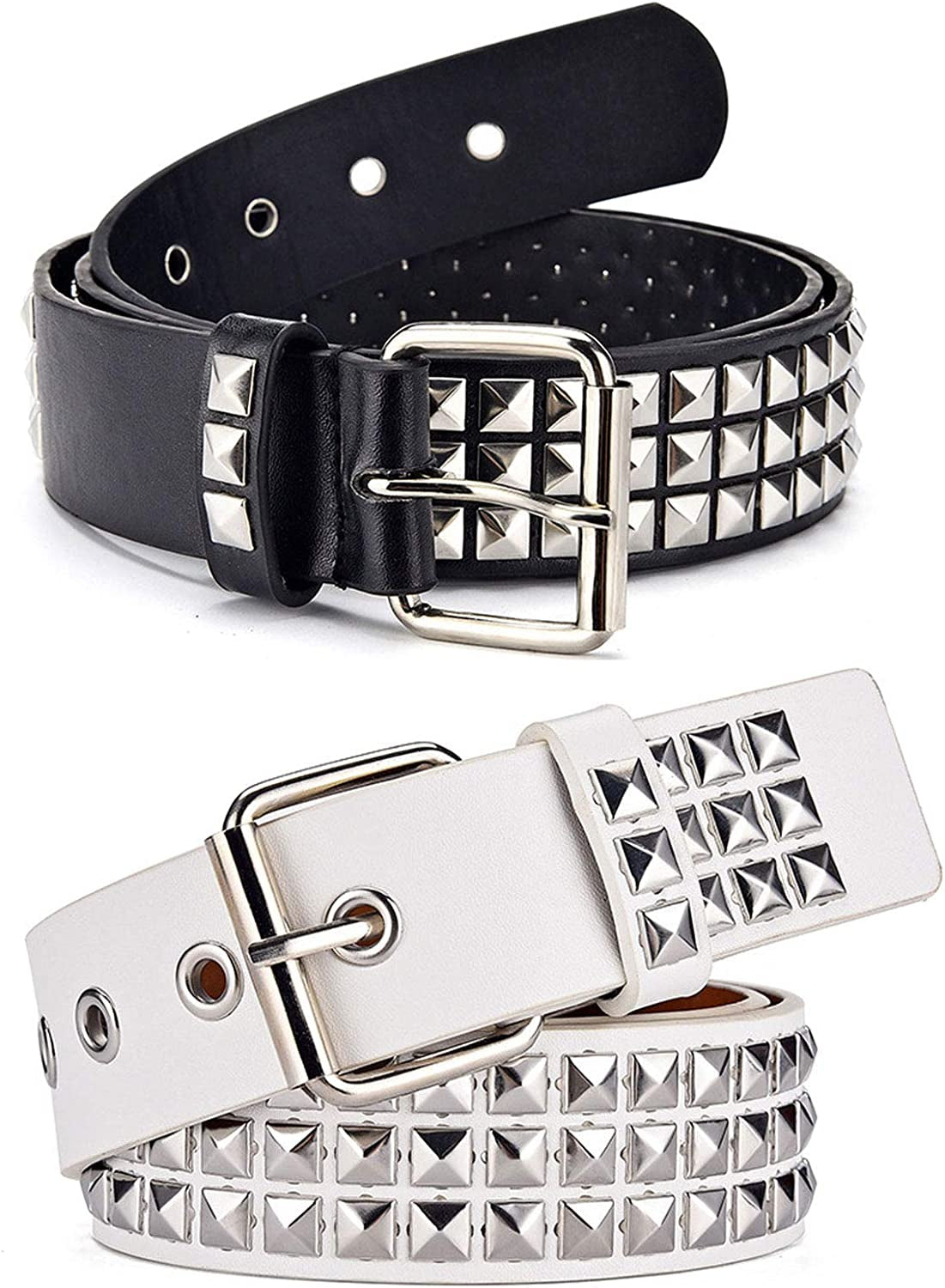 Three Row Punk Studded Belt, Black Belt Metal Pyramid Belt Gothic Rivet for Jeans Pants Apparel & Accessories > Clothing Accessories > Belts DCEVERTTO