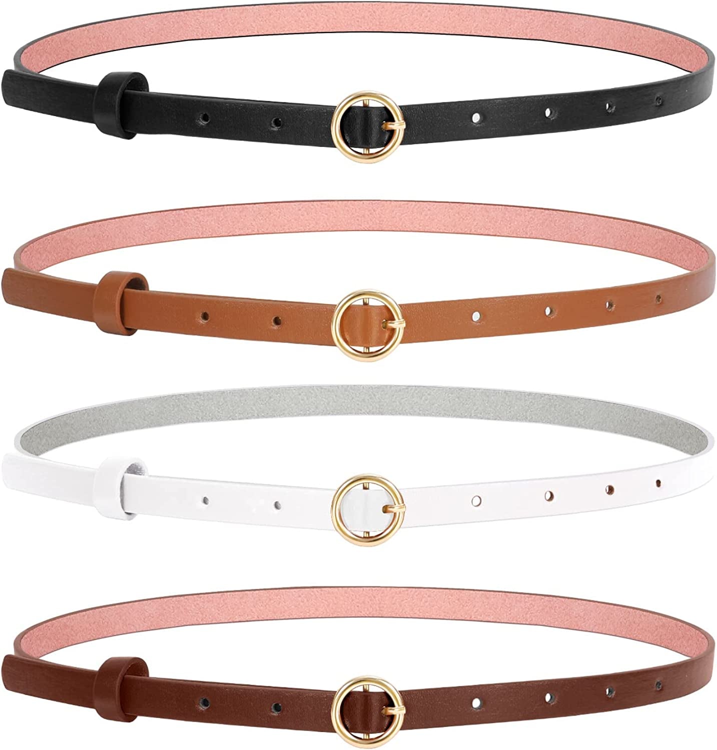 Set of 4 Womens Thin Belts SANSTHS Skinny Leather Belt with Gold Alloy Buckle Apparel & Accessories > Clothing Accessories > Belts SANSTHS H-4 Pack XL:Fits pants size 42"-46"