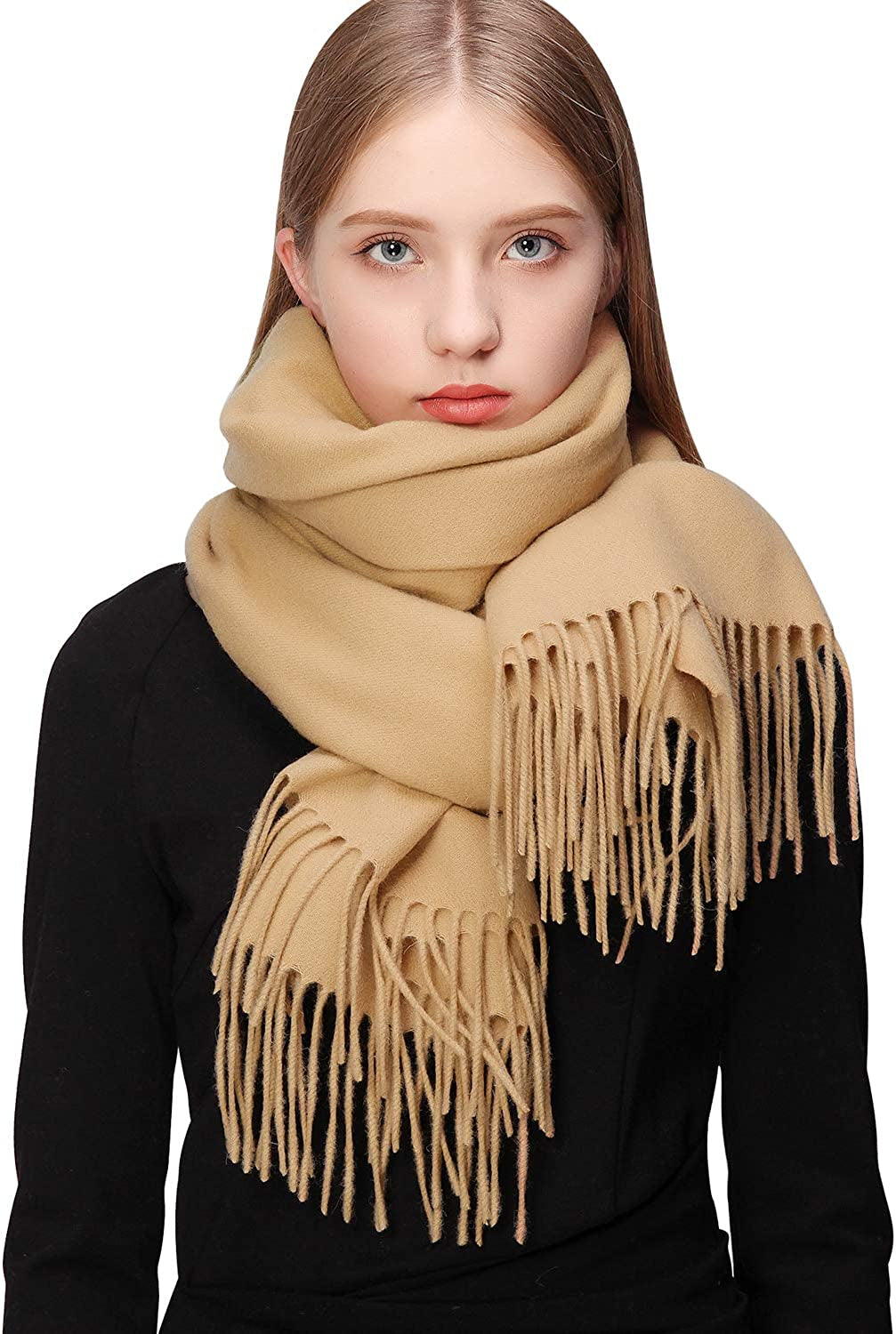 RIIQIICHY 100% Wool Scarf Pashmina Shawls and Wraps for Women Cashmere Warm Winter More Thicker Soft Scarves Apparel & Accessories > Clothing Accessories > Scarves & Shawls RIIQIICHY Camel