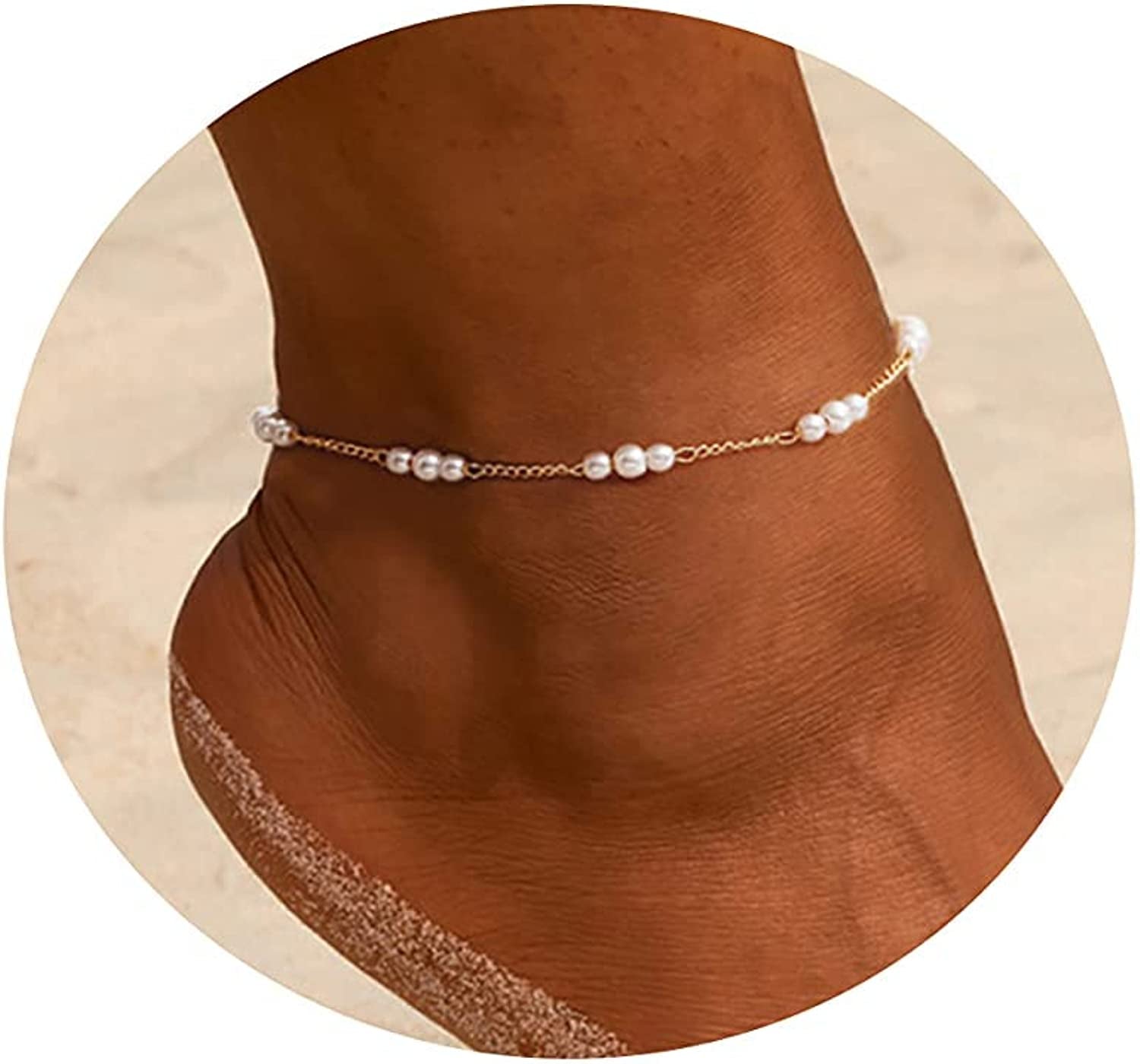 Kyerlyn Dainty Simple Chain Anklet for Women 18K Gold/Silver Plated Summer Beach Beaded Evil Eye Moon Figaro Butterfly Satellite Cuban Pearl Flat Marina Anklet Gift Apparel & Accessories > Jewelry > Anklets Kyerlyn Pearl