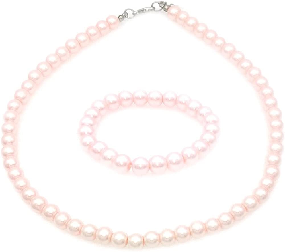 8Mm Faux Pearl Necklace Elastic Bracelet Jewelry Set Beige White Pink Fake Pearl Jewelry Pink