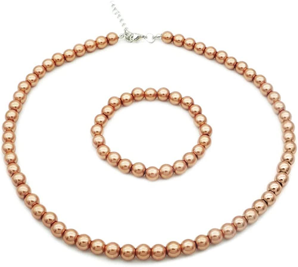 8Mm Faux Pearl Necklace Elastic Bracelet Jewelry Set Beige White Pink Fake Pearl Jewelry Champagne