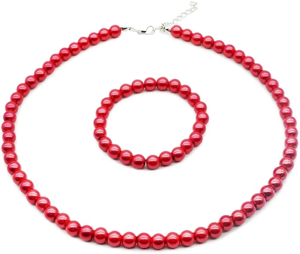 8Mm Faux Pearl Necklace Elastic Bracelet Jewelry Set Beige White Pink Fake Pearl Jewelry Red