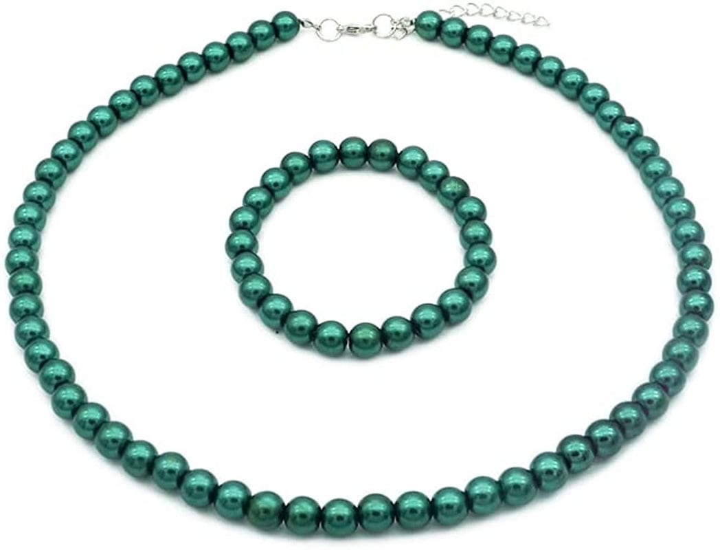 8Mm Faux Pearl Necklace Elastic Bracelet Jewelry Set Beige White Pink Fake Pearl Jewelry Green