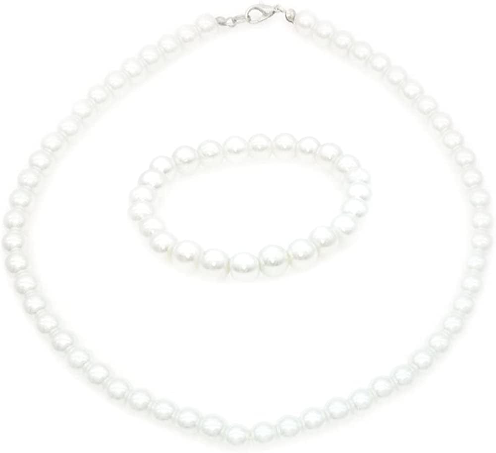 8Mm Faux Pearl Necklace Elastic Bracelet Jewelry Set Beige White Pink Fake Pearl Jewelry White