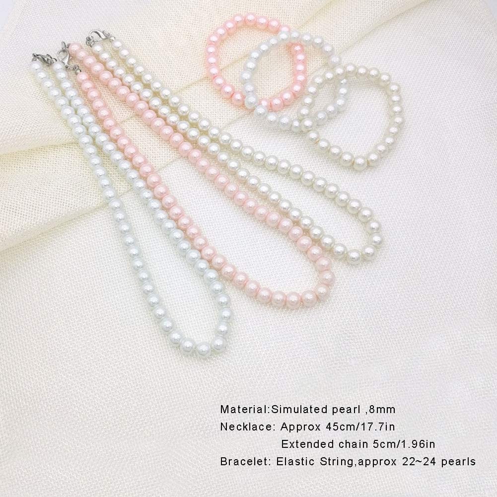 8Mm Faux Pearl Necklace Elastic Bracelet Jewelry Set Beige White Pink Fake Pearl Jewelry