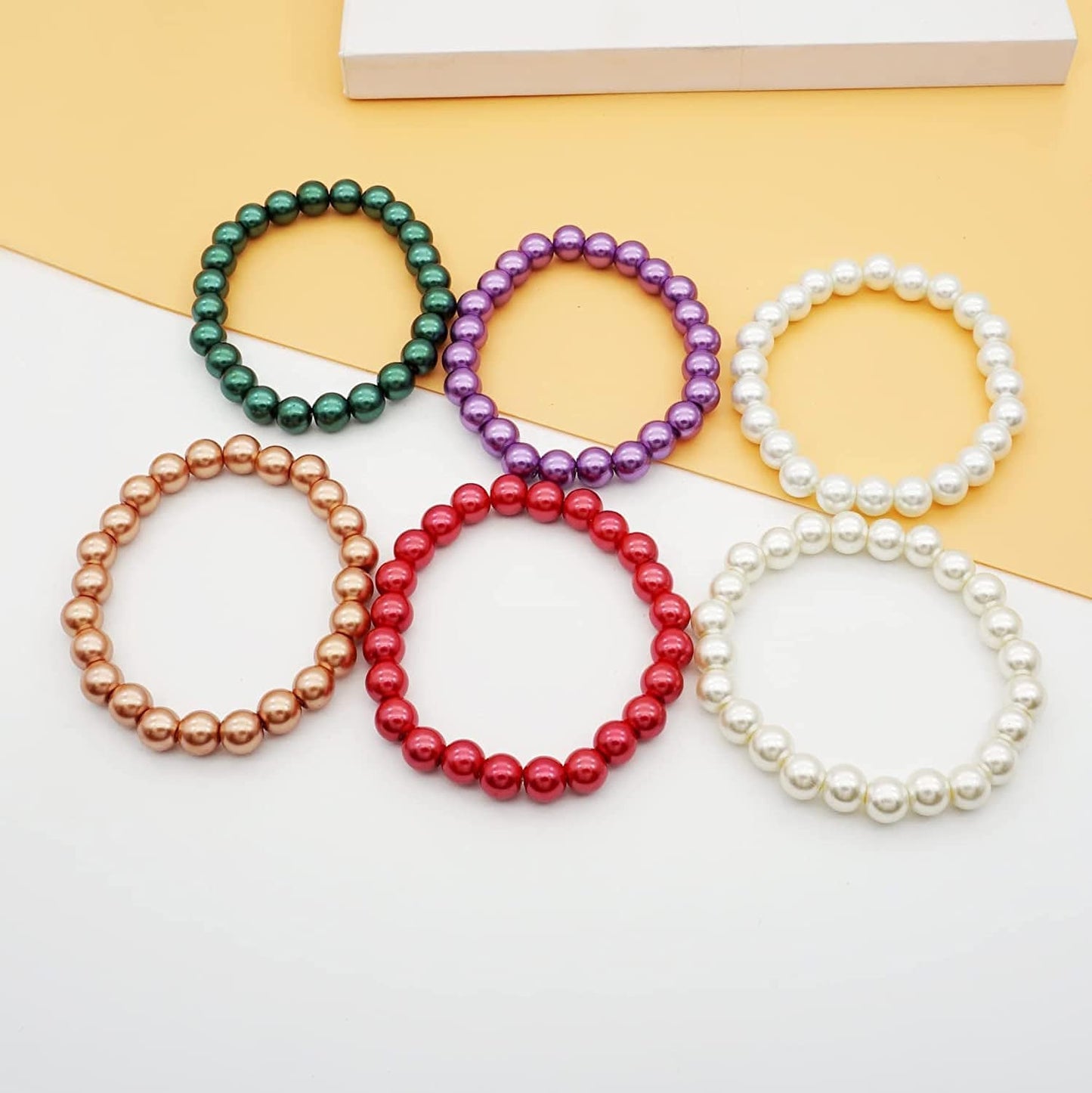 8Mm Faux Pearl Necklace Elastic Bracelet Jewelry Set Beige White Pink Fake Pearl Jewelry