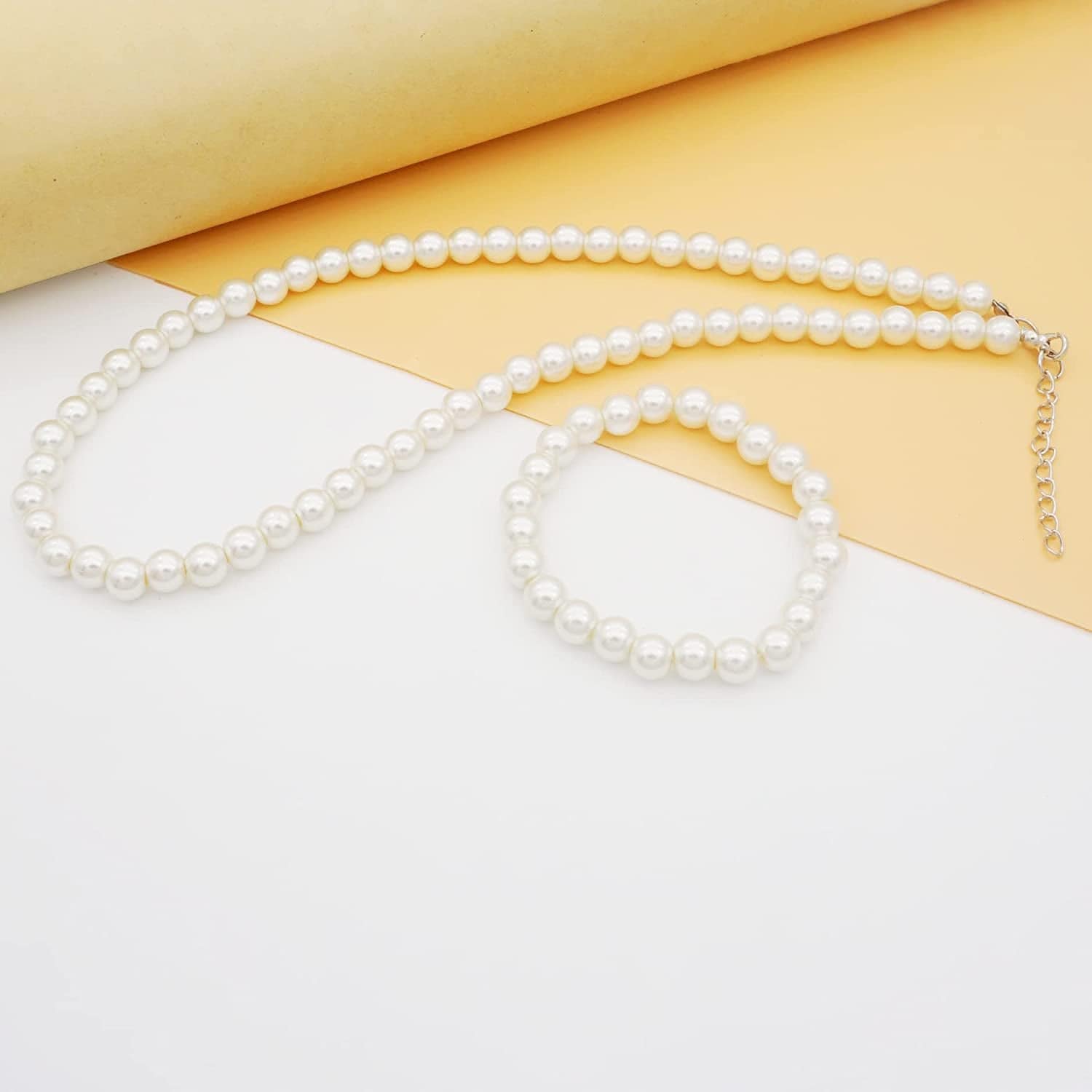 8Mm Faux Pearl Necklace Elastic Bracelet Jewelry Set Beige White Pink Fake Pearl Jewelry