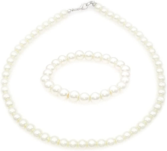 8Mm Faux Pearl Necklace Elastic Bracelet Jewelry Set Beige White Pink Fake Pearl Jewelry Beige