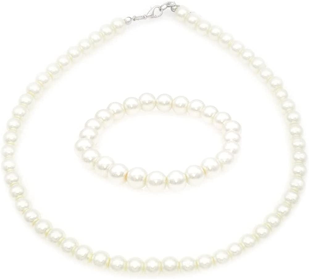 8Mm Faux Pearl Necklace Elastic Bracelet Jewelry Set Beige White Pink Fake Pearl Jewelry Beige