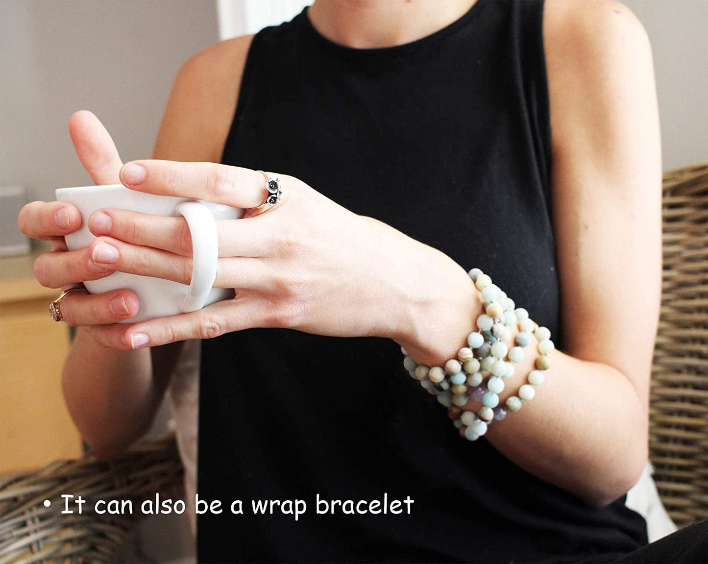 8Mm Natural Amazonite & Blue Goldsand Long Beaded Necklace Wrap Bracelet Handmade Jewelry for Women Men