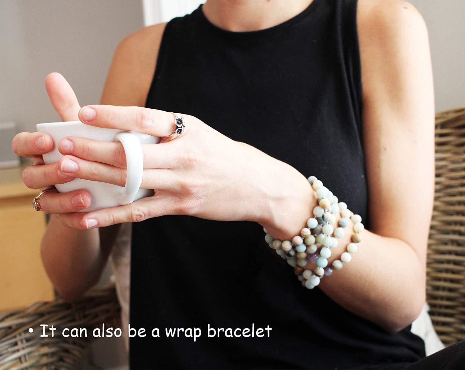 8Mm Natural Amazonite & Blue Goldsand Long Beaded Necklace Wrap Bracelet Handmade Jewelry for Women Men