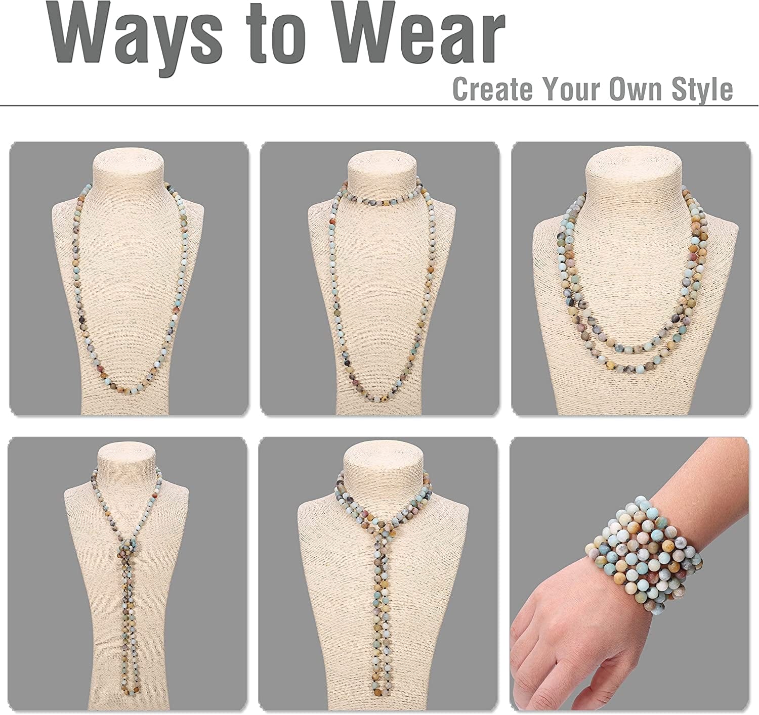 8Mm Natural Amazonite & Blue Goldsand Long Beaded Necklace Wrap Bracelet Handmade Jewelry for Women Men