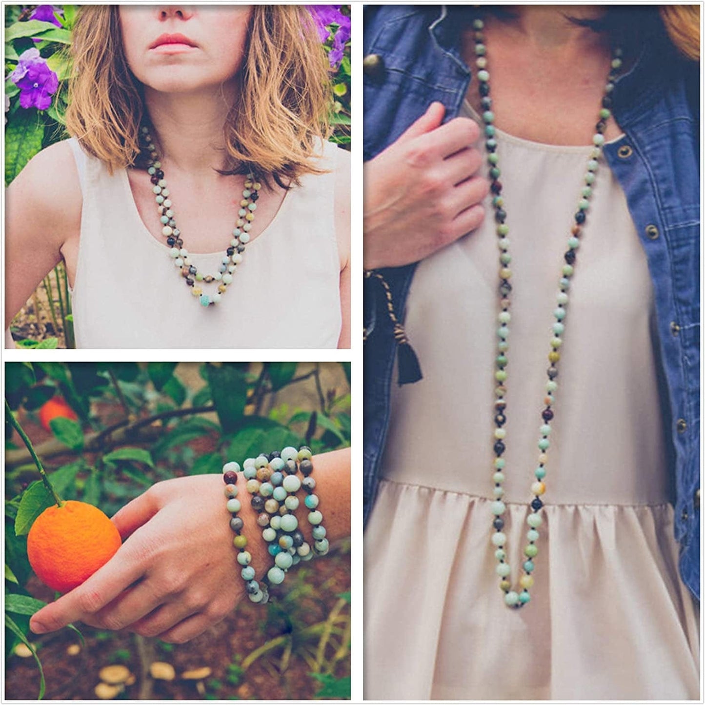 8Mm Natural Amazonite & Blue Goldsand Long Beaded Necklace Wrap Bracelet Handmade Jewelry for Women Men