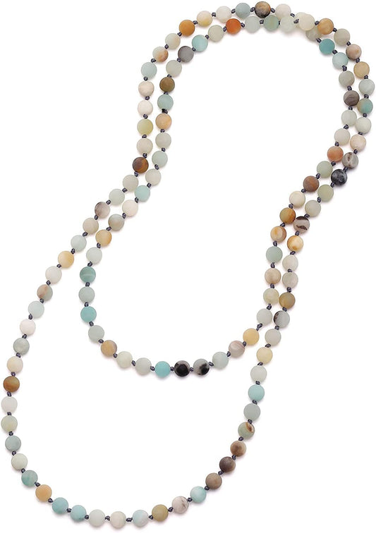 8Mm Natural Amazonite & Blue Goldsand Long Beaded Necklace Wrap Bracelet Handmade Jewelry for Women Men 47''