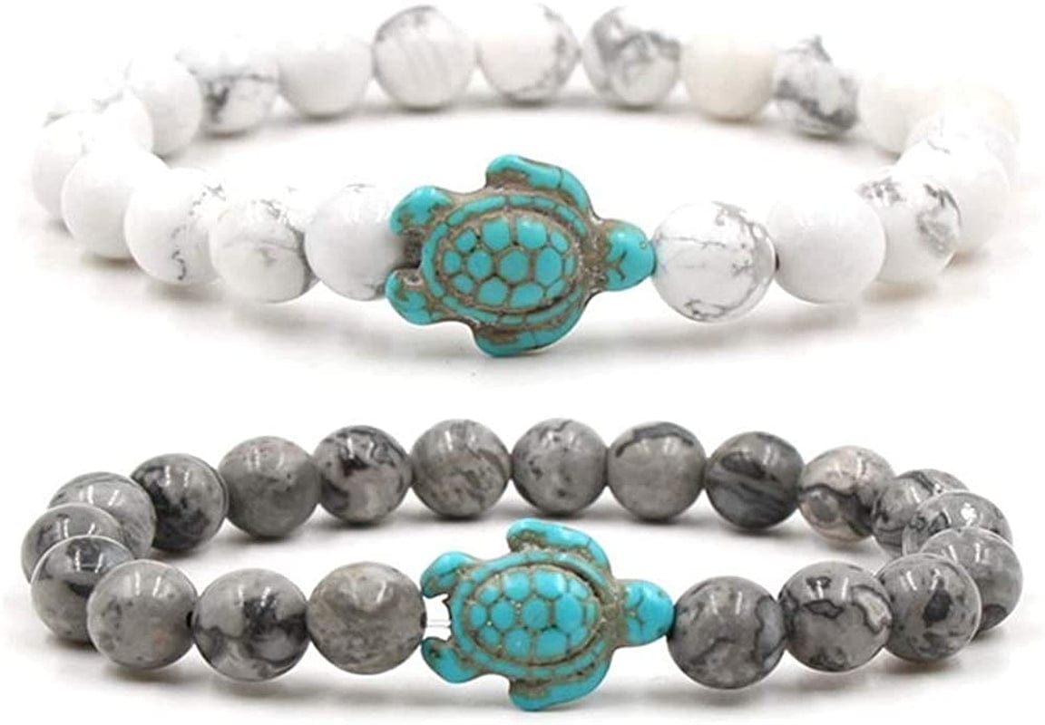 8Mm Sea Turtles Beads Bracelet Turquoise Natutal Stone Elastic Stretch Bracelet for Women Men Apparel & Accessories > Jewelry > Bracelets Caiyao 2Pcs Grey&White