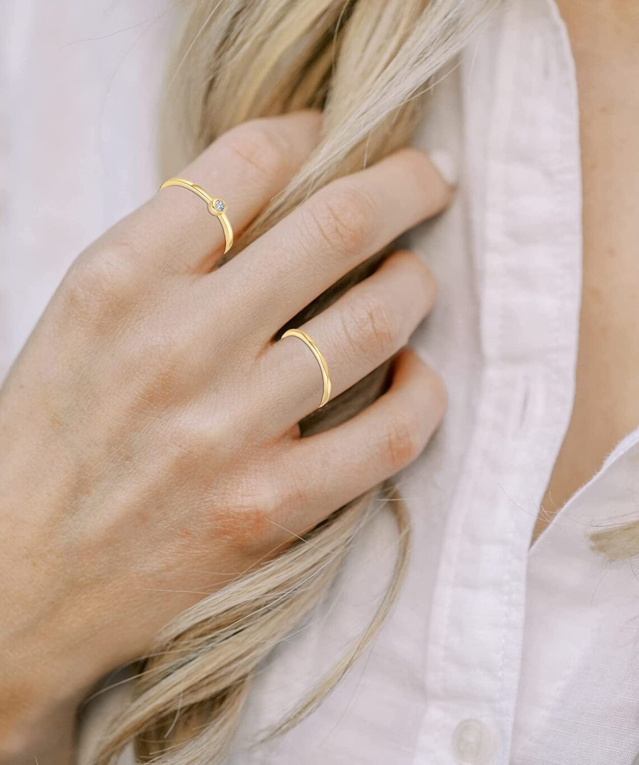 8PCS 14K Gold/Silver Plated Stacking Ring Set for Women Teen Dainty Thumb Stackable Rings Gold Heart CZ Statement Rings Plain Band Size 4-11