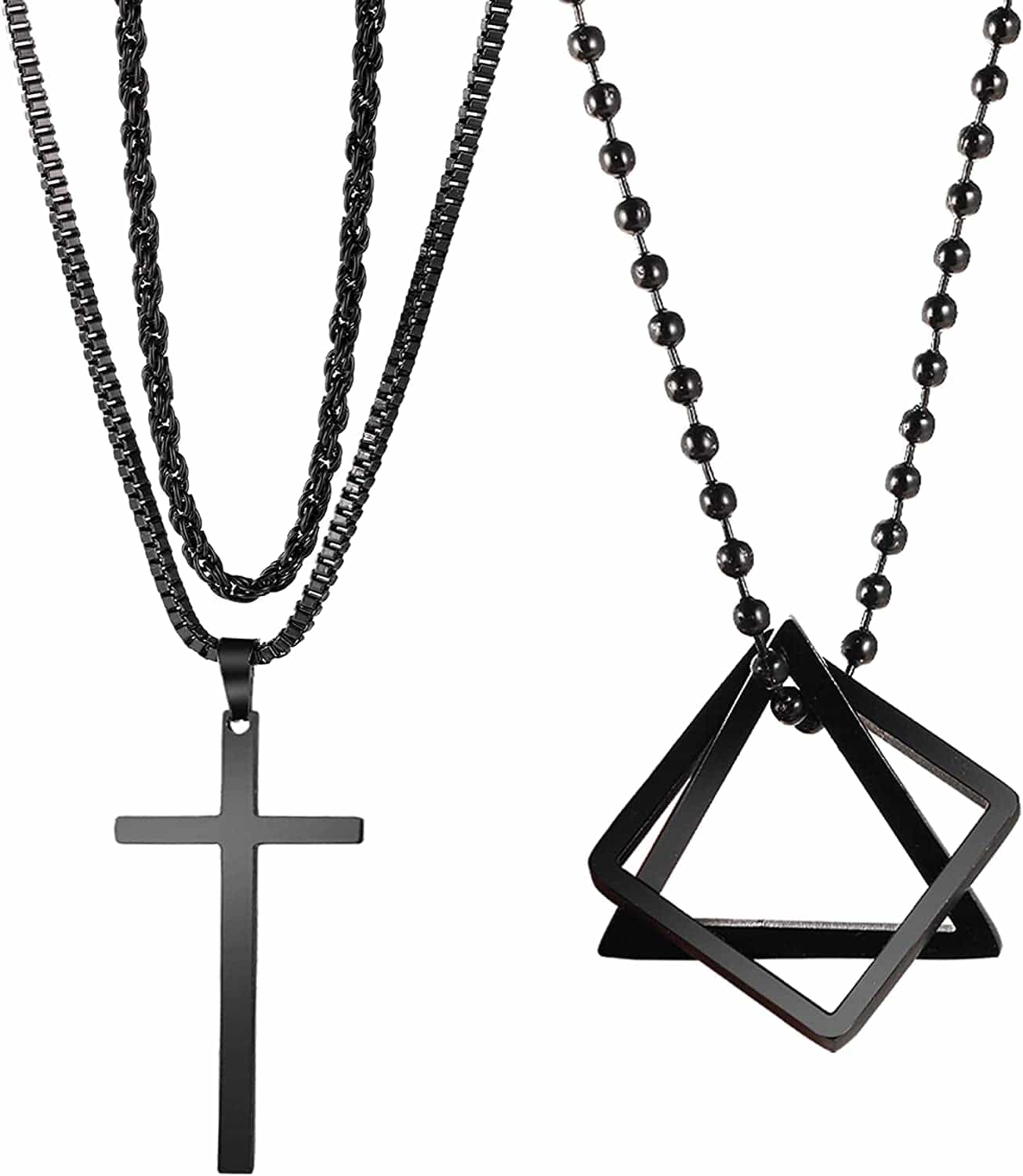 8Pcs Black Pendant Necklace for Men Boy Jewelry, Stainless Steel Chain Cross Necklace, Cool Punk Men'S Necklaces Set Jewelry for Gifts, 16-24 Inches Chain Black Color set 4