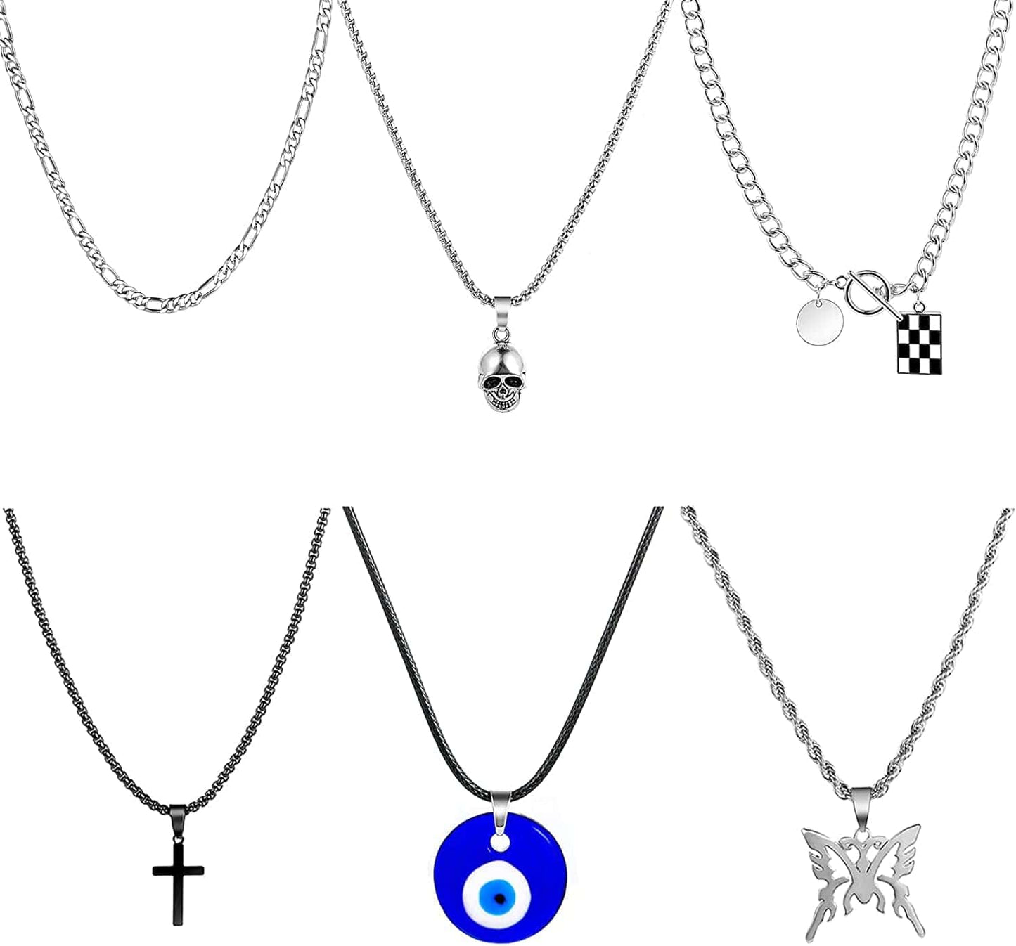 8Pcs Black Pendant Necklace for Men Boy Jewelry, Stainless Steel Chain Cross Necklace, Cool Punk Men'S Necklaces Set Jewelry for Gifts, 16-24 Inches Chain Silver Color set 1